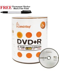 Smartbuy 100-disc 4.7GB/120min 16x DVD+R Logo Top Blank Media Record Disc + Black Permanent Marker