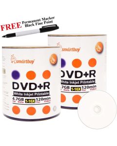 Smartbuy 200-disc 4.7GB/120min 16x DVD+R White Inkjet Hub Printable Blank Media Disc + Black Permanent Marker